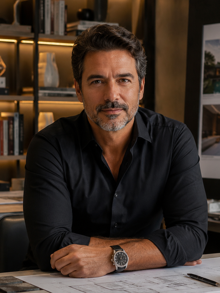 Retrato do arquiteto Bernardo Alencar em seu escritório